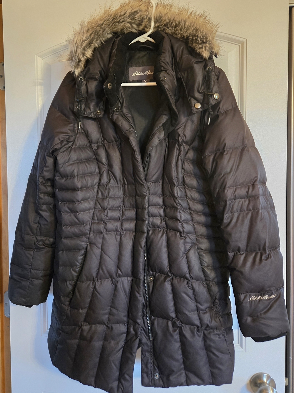 Eddie Bauer Women's Dark Brown Quilted Down Puffer Coat with Faux Fur Hood